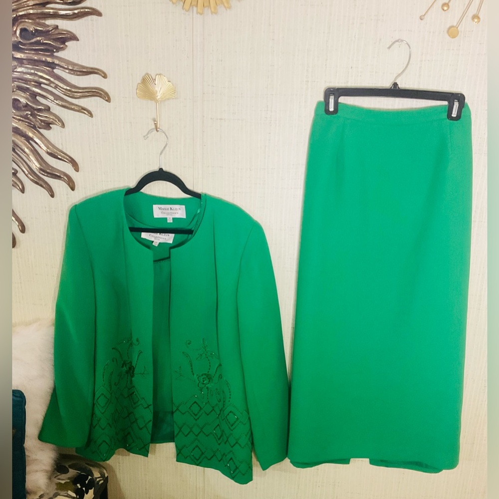 Maxie Klein Skirt Suit Set Embellished Green 3 Pc Sz 18 C3
